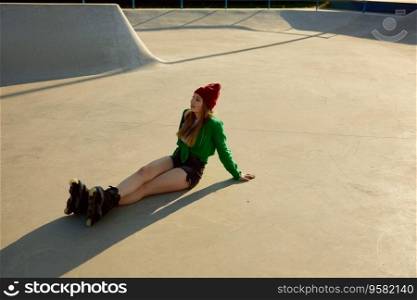 Tired but satisfied teenager girl wearing roller skates sitting on asphalt rollerdrom. After active sport training. Tired but satisfied teenager girl in roller skates sitting on asphalt rollerdrom