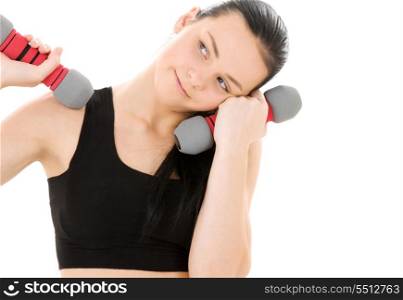 tired fitness instructor with dumbbells over white