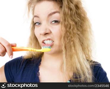Tired grumpy and sleepy blonde woman brushing teeth having crazy tangled hair. Oral hygiene concept, isolated background.. Grumpy tired woman brushing teeth, isolated
