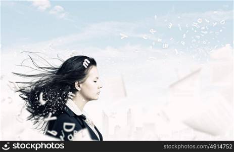 Tired office worker. Young businesswoman with closed eyes and wind blowing in her face