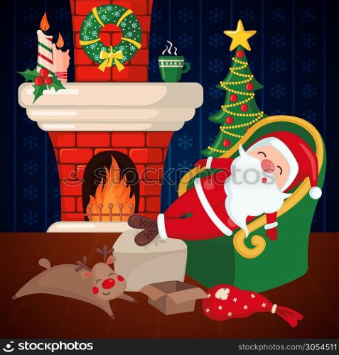 Tired Santa Claus and Deer sleeping on chair near fireplace and Christmas tree. Christmas concept. Vector illustration.. Tired Santa Claus and Deer sleeping on chair near fireplace and Christmas tree.
