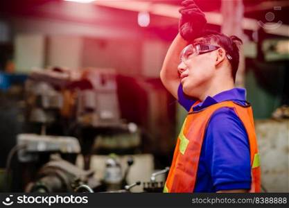 Tired worker, headache hot weather over heat unhealthy engineer working in heavy industry factory.