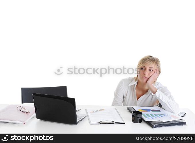 tired young blonde woman in the office at the workplace suffers headaches. Isolated on white background