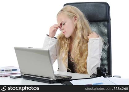 tired young blonde woman in the office at the workplace suffers headaches. Isolated on white