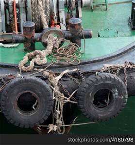 Tires and rope on a boat, Busan, Yeongnam, South Korea