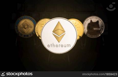 Titanium Ethereum coin and other coin background of crypto currency ,virtual digital money concept
