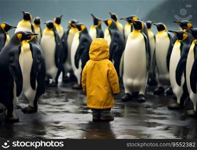 Title: Kid in Yellow Raincoat Standing Between Penguins