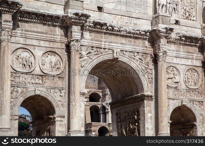 Tito arc in Roman Forum close up in Rome, Italy. Rome City at sunny day