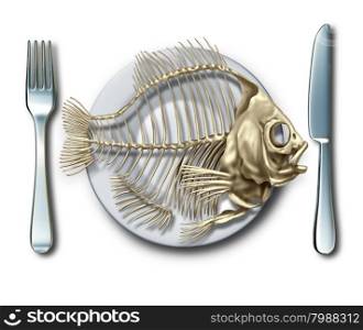 To the bone concept eating fish or bankrupt idea as a place setting with a fork and knife with an empty seafood skeleton on a plate as a business metaphor for debt or as a food hunger icon.