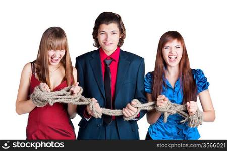 to tie businessman hands and his workers with a rope; workteam with tied hands on white background