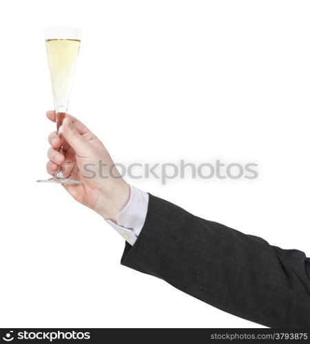 toast with champagne glass in businessman hand isolated on white background