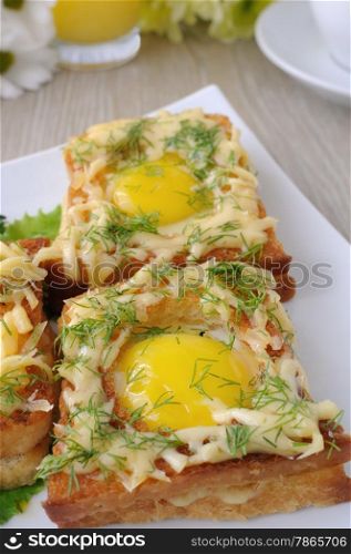 Toast with egg and cheese with dill close-up