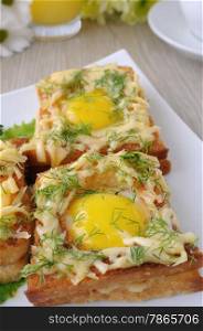 Toast with egg and cheese with dill close-up