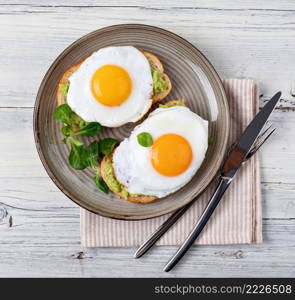 toast with fried egg, top view. toast with fried egg