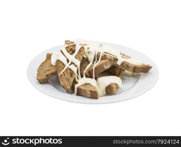 Toast with garlic and cheese on an isolated background. Toast with garlic and cheese