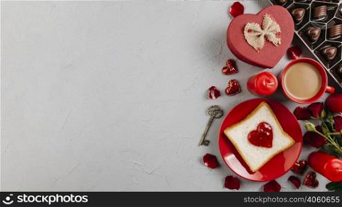 toast with jam heart shape with coffee cup
