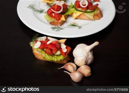 Toast with vegetables, cheeseand garlic