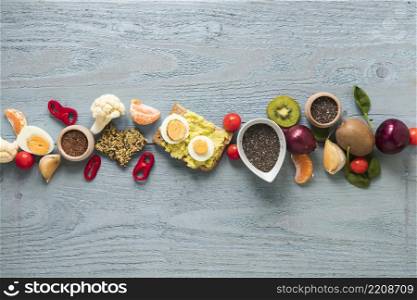 toasted bread fresh fruits ingredients arranged row wooden table
