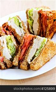 Toasted club sandwich sliced on a plate