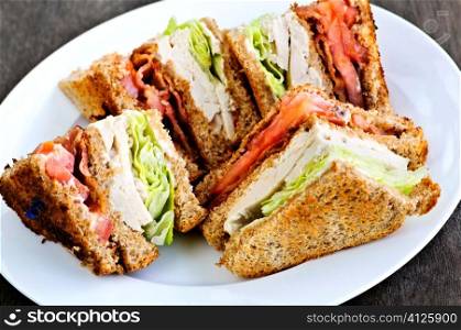 Toasted club sandwich sliced on a plate