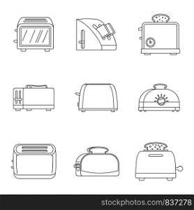 Toaster kitchen bread gourmet oven icons set. Outline illustration of 9 toaster kitchen bread gourmet oven vector icons for web. Toaster kitchen bread icons set, outline style