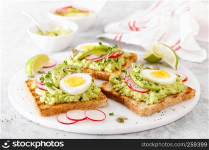 Toasts with avocado guacamole, fresh radish, boiled egg, chia and pumpkin seeds. Diet breakfast. Delicious and healthy plant-based food. Closeup. Toasts with avocado guacamole, fresh radish, boiled egg, chia and pumpkin seeds. Diet breakfast. Delicious and healthy plant-based food. Flat lay. Top view