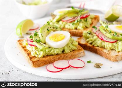 Toasts with avocado guacamole, fresh radish, boiled egg, chia and pumpkin seeds. Diet breakfast. Delicious and healthy plant-based food. Closeup. Toasts with avocado guacamole, fresh radish, boiled egg, chia and pumpkin seeds. Diet breakfast. Delicious and healthy plant-based food. Flat lay. Top view