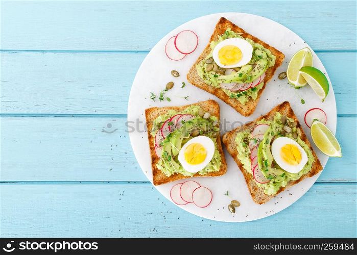Toasts with avocado guacamole, fresh radish, boiled egg, chia and pumpkin seeds. Diet breakfast. Delicious and healthy plant-based food. Flat lay. Top view