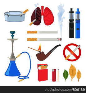 Tobacco, cigarette and different accessories for smokers. Smoke habit, lighter and accessories, viper and cigarette. Vector illustration. Tobacco, cigarette and different accessories for smokers