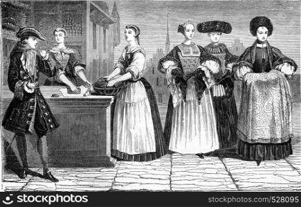 Tobacco market, Dress suit and godmother, vintage engraved illustration. Magasin Pittoresque 1847.