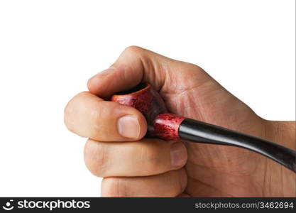 tobacco pipe in hand isolated on white background