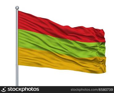 Toca City Flag On Flagpole, Country Colombia, Boyaca Department, Isolated On White Background. Toca City Flag On Flagpole, Colombia, Boyaca Department, Isolated On White Background