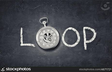 Today and now. Conceptual image with word loop and pocket watch insread of letter