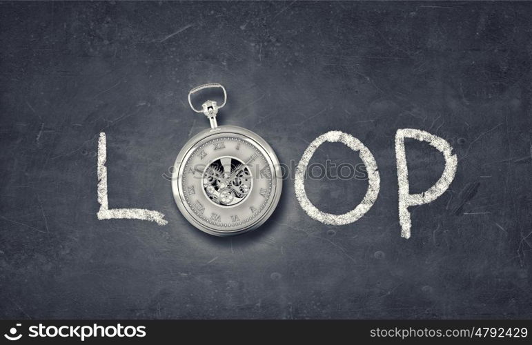 Today and now. Conceptual image with word loop and pocket watch insread of letter