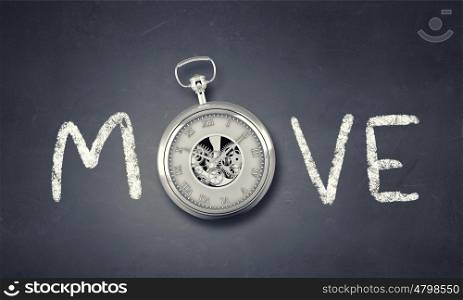 Today and now. Conceptual image with word move and pocket watch instead of letter