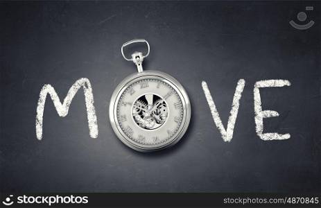 Today and now. Conceptual image with word move and pocket watch instead of letter