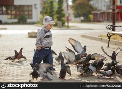 Toddler boy outdoor play with flock of feeding pigeons