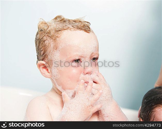 Toddler crying in bubble bath