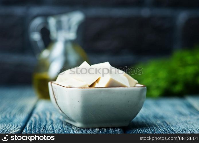 tofu cheese on plate and on a table