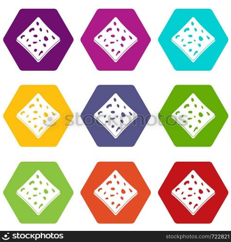Tofu fresh block icon set many color hexahedron isolated on white vector illustration. Tofu fresh block icon set color hexahedron