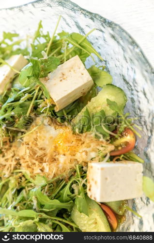 Tofu Salad with Arugula and onsen egg