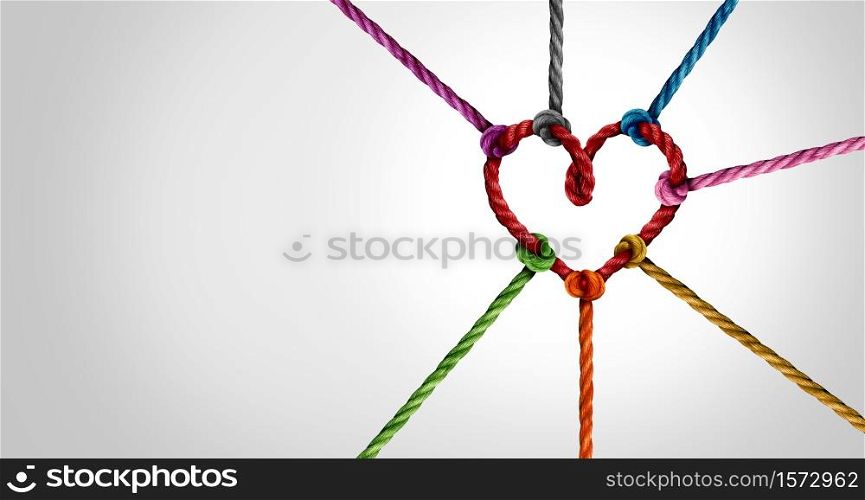 Together and unity or love partnership and concept of team and teamwork idea as a metaphor for joining diverse ropes connected together as a heart for cooperation and working collaboration.
