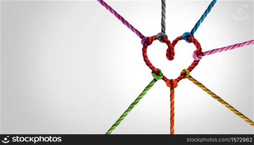 Together and unity or love partnership and concept of team and teamwork idea as a metaphor for joining diverse ropes connected together as a heart for cooperation and working collaboration.