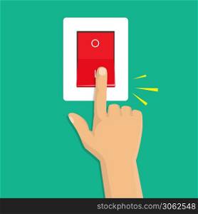 Toggle switch. Electric control concept. Isometric icon. Hand turning on the light