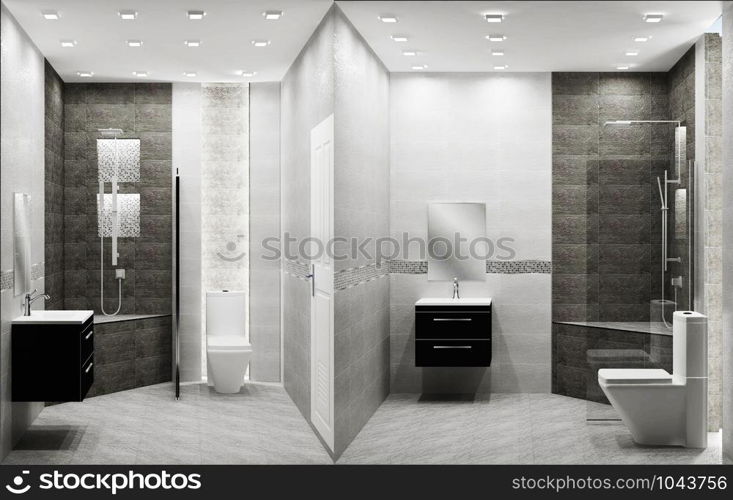 Toilet loft style tiles two tone interior design. 3D rendering