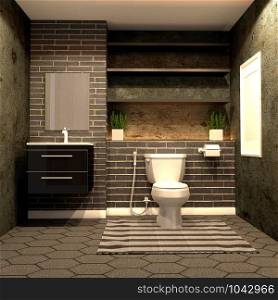 Toilet loft style with black brick on hexagon tile floor. 3D rendering