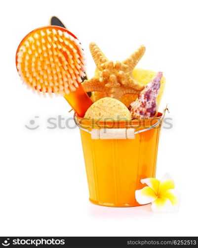Toiletries isolated on white background with frangipani flower and starfish, health care &amp; spa concept