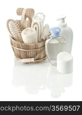 toiletry articles and wooden bucket