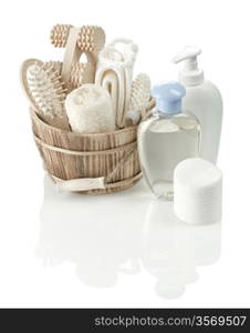 toiletry articles and wooden bucket