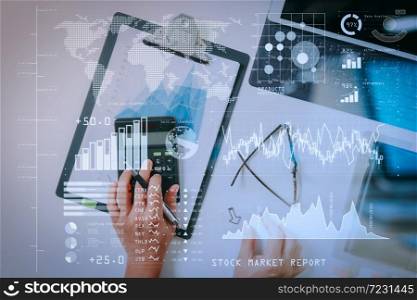 toInvestor analyzing stock market report and financial dashboard with business intelligence (BI), with key performance indicators (KPI).businessman hand working with finances about cost and calculator.